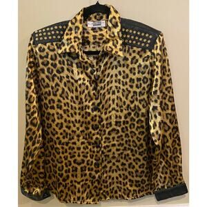 E.K. Designs Womens Sz 12 Button‎ Up Collared Long Sleeve Blouse Cheetah Leopard